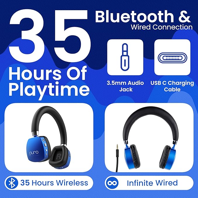 Puro Sound Labs PuroQuiet Plus Noise Cancelling Headphones for Kids, Bluetooth Kids On Ear Headphones with Mic, Lightweight On-Ear Design, Studio-Grade Sound (Blue)