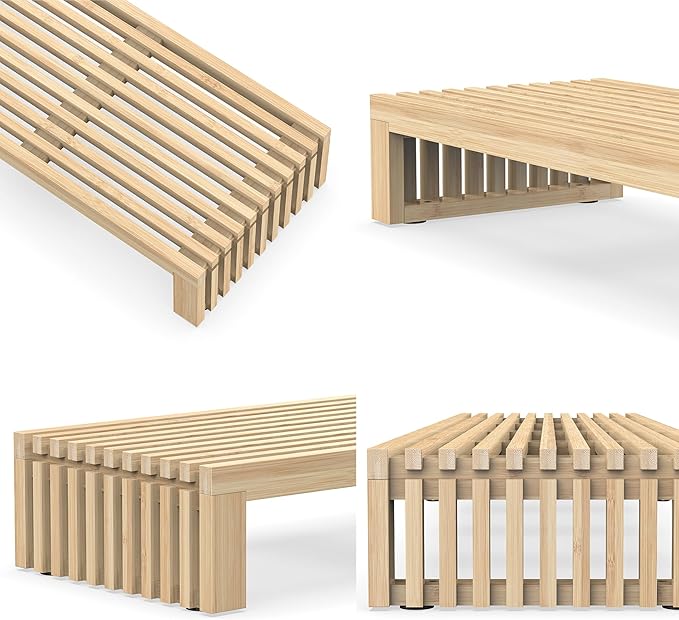 Dual Monitor Riser Stand with Airflow Vents for 2 Monitors, Double Computer Monitor Laptop Stand Grille Design, 3 Mins Assembly Farmhouse 39 inch Bamboo Desk Shelf Organizer (Natural)