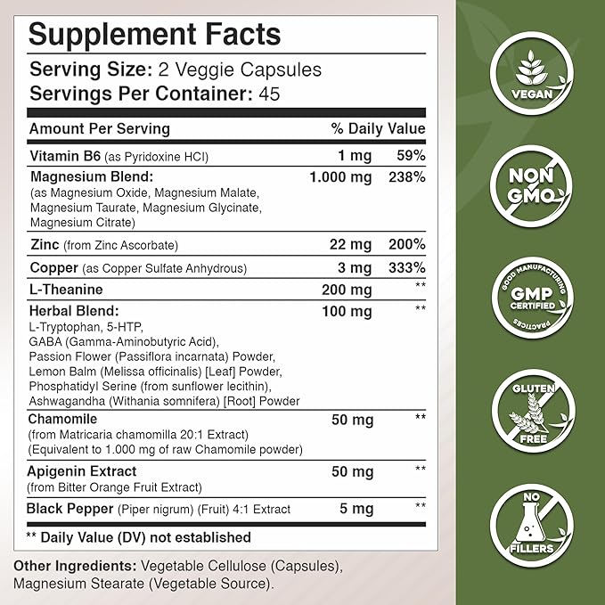 Gade Nutrition Magnesium Glycinate & Magneisum Supplements with Apigenin, L Theanine 200 mg, 5 HTP, GABA Calm Brain Booster Supplement Sleep Aid Ashwagandha L Tryptophan Chamomile