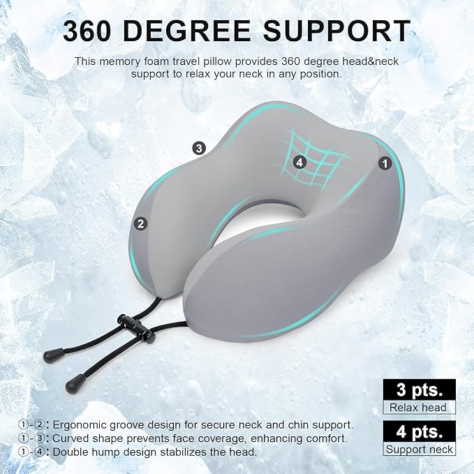 Travel Pillow for Airplane Memory Foam Neck Pillow, Soft & Support Travel Pillow with Storage Bag for Travelling, Sleeping Rest, Car, Train and Home Use (Grey)