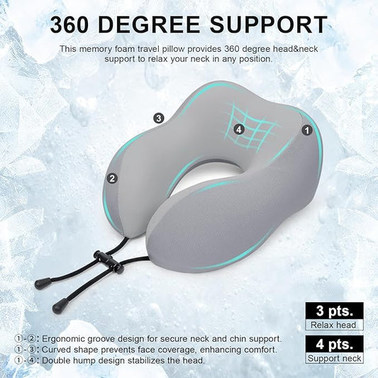 Travel Pillow for Airplane Memory Foam Neck Pillow, Soft & Support Travel Pillow with Storage Bag for Travelling, Sleeping Rest, Car, Train and Home Use (Grey)