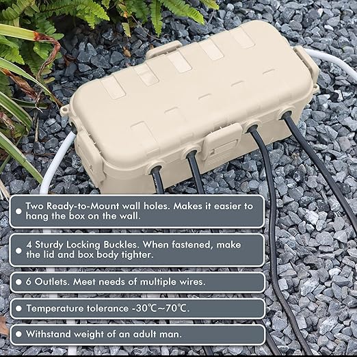 RESTMO Outdoor Electrical Box, IP54 Weatherproof Extension Cord Cover with 6 Cable Entry Ports, Waterproof Connection Box Protect Power Strip, Timer, Plug, Holiday Lights, (11.5x5.2x4 inch), Almond