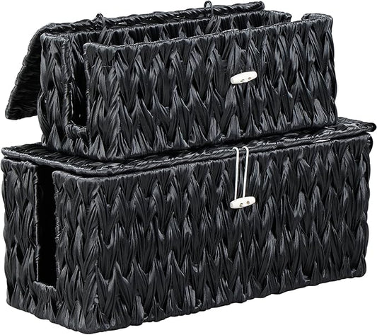 Black Cable Management Box,2 Pack Large & Medium Rattan Cable Organizer Box for Power Strip,2 Open Slots Cords Hider Box for TV Wires, Computer, Router, USB Hub and Under Desk Power Strip