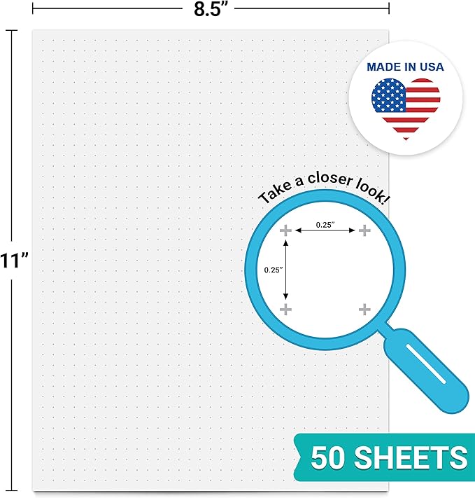 321Done Dot Cross Grid Graph Paper Notepad (8.5x11) – Made in USA – 50 Sheets Dotted for Planning Bullet Journaling Thick Paper 1/4 (0.25) Large Letter Size Notes Sketching Writing Smooth White