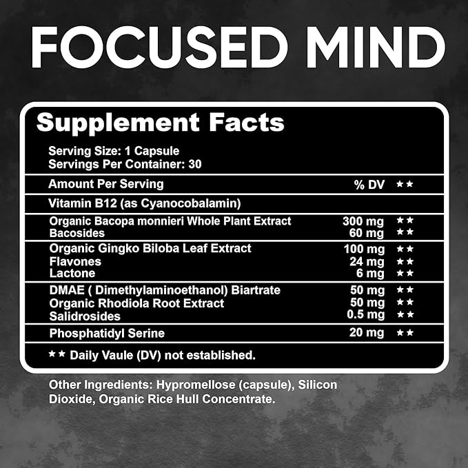 Focused Mind – Daily Brain Supplement for Memory and Focus Support | Nootropic for Concentration, Mental Clarity, and Brain Energy | Cognitive Supplement for Work, School, or Everyday Demands