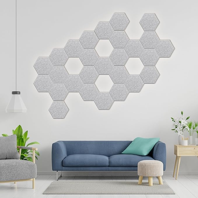 Hexagonal Acoustic Panels-12 Pack High-Density Sound Absorbing Panels 12"X10"X0.4" for Enhanced Noise Reduction, DIY Design, Idea for Studios, Offices, and Home Theaters(Silver Gray)