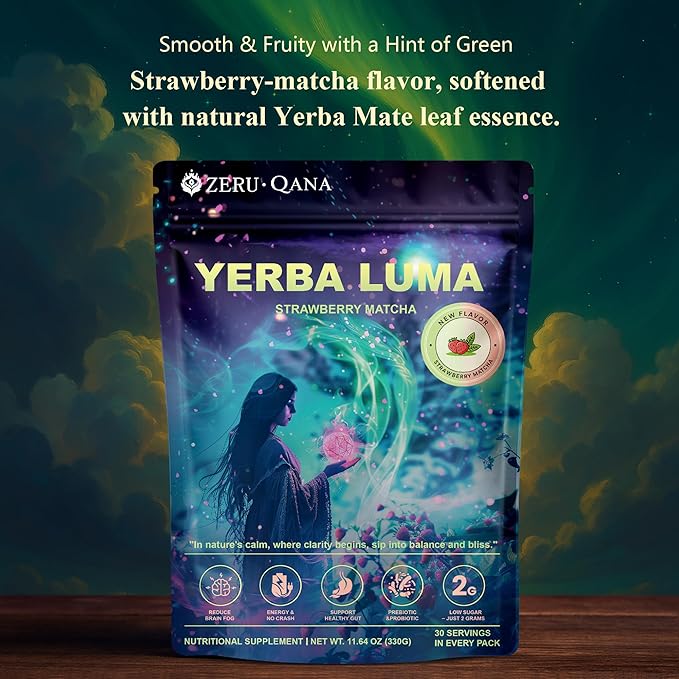 Yerba Mate Instant Tea Powder, 3-in-1 Super Bloom Energy Drink, Low Sugar, Supports Mental Clarity, Containing Prebiotics and Probiotics | Strawberry Matcha Flavor 30 Servings