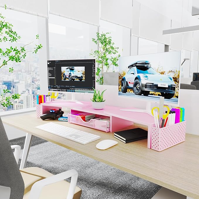 Spacrea Metal Desk Organizers and Accessories, Dual Monitor Stand Riser with Drawer and 2 Pen Holders, Desk Accessories & Workspace Desktop Organizers for Office Supplies (Pink)