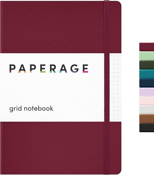 PAPERAGE Graph Paper Journal Notebook, (Burgundy), 160 Pages, Medium 5.6 in x 8 in - 100 GSM Thick Paper – Hardcover Grid Notebook for Work or School