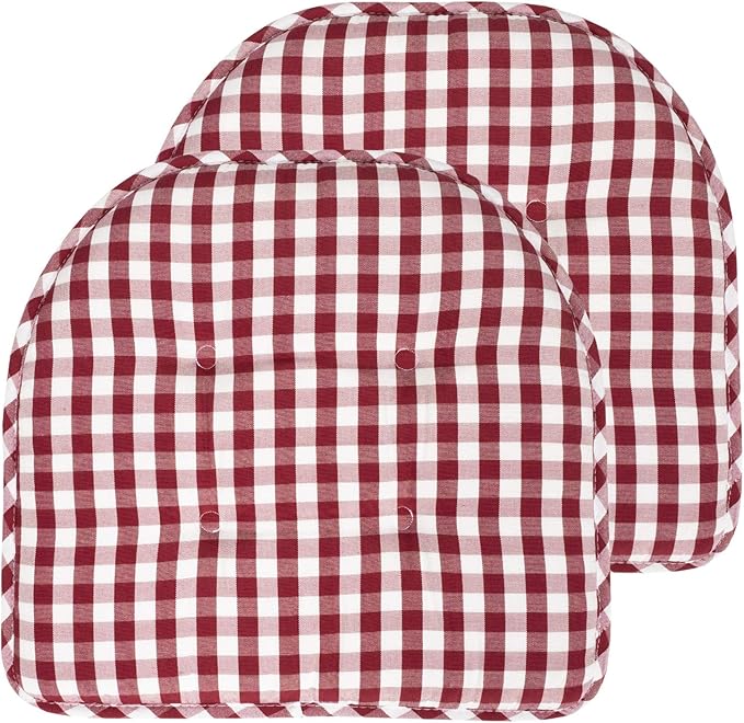 Sweet Home Collection Chair Cushion Memory Foam Pads Tufted Slip Non Skid Rubber Back U-Shaped 17" x 16" Seat Cover, 2 Count (Pack of 1), Checkered Wine/White