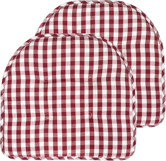 Sweet Home Collection Chair Cushion Memory Foam Pads Tufted Slip Non Skid Rubber Back U-Shaped 17" x 16" Seat Cover, 2 Count (Pack of 1), Checkered Wine/White
