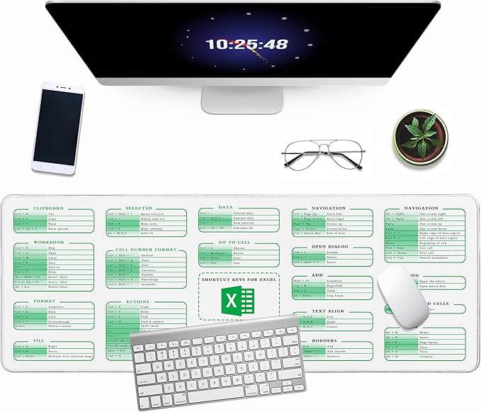 Excel Cheat Sheet Desk Pad, 31.5"x11.8", Waterproof Extra Large Excel Shortcut Mat with Stitched Edges, Anti-Slip Excel Mouse Pad for Office Desk, MS Excel/Word Shortcuts (White Excel)