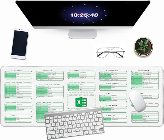 Excel Cheat Sheet Desk Pad, 31.5"x11.8", Waterproof Extra Large Excel Shortcut Mat with Stitched Edges, Anti-Slip Excel Mouse Pad for Office Desk, MS Excel/Word Shortcuts (White Excel)