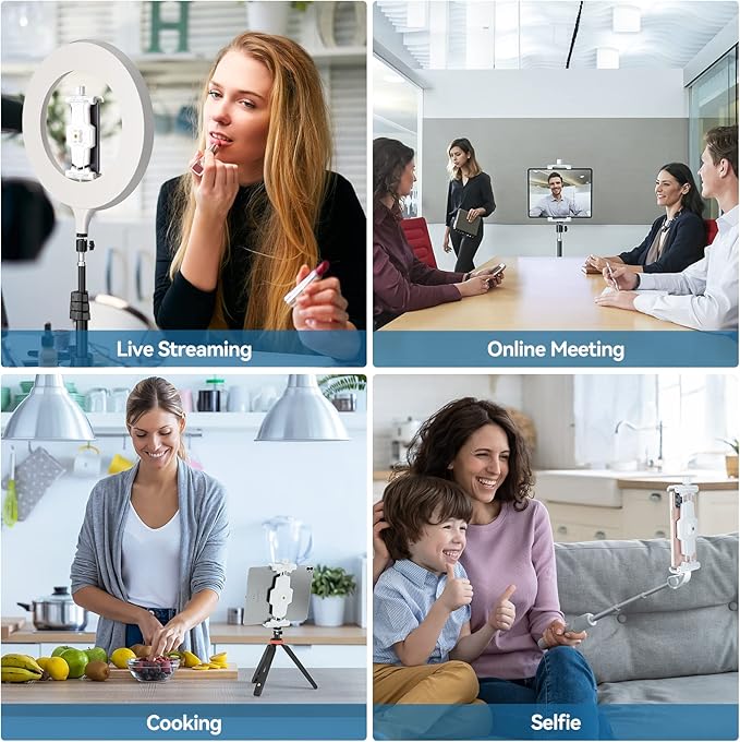 KDD iPad and Phone Tripod Mount Adapter with Ball Head, White Tablet Mount for Tripod, 360 Rotatable iPad Holder Clamp fit iPad Pro 12.9, Air Mini, Galaxy Tab, Surface Pro, Selfie (5.3-10.6’’)