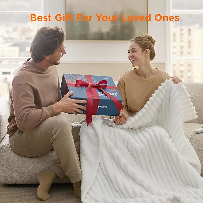 Bedsure Heated Blanket Electric Throw - Thick Striped Flannel Electric Blanket, Heating with 4 Time Settings, 6 Heat Settings, and 3-Hour Timer Auto Shut Off, Gift for Grandma (50x60 inches, White)