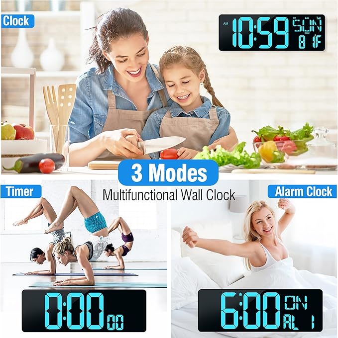 TXL 17.2" Large Digital Wall Clock Bluetooth Sync Time, LED Wall Clock with Date and Temperature, Count Up/Down Timer Clock with Remote Control, Adjustable Brightness Alarm Clock
