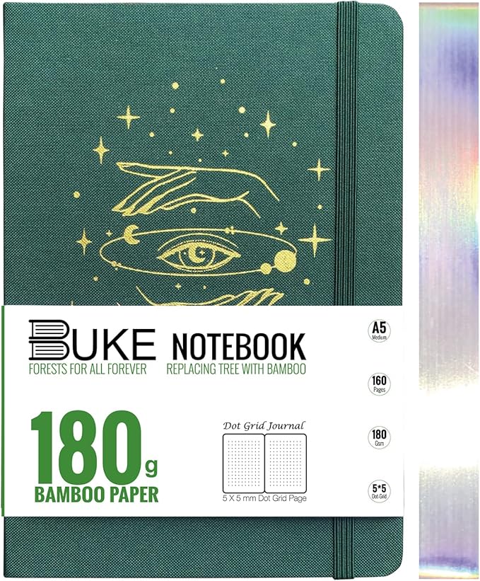 BUKE A5 Dotted Journal Dot Grid Notebook 180Gsm Bamboo White Paper, 5 * 5MM Dot Grid 160 Pages, Colored Silver Edges, Waterproof Fabric Hardcover