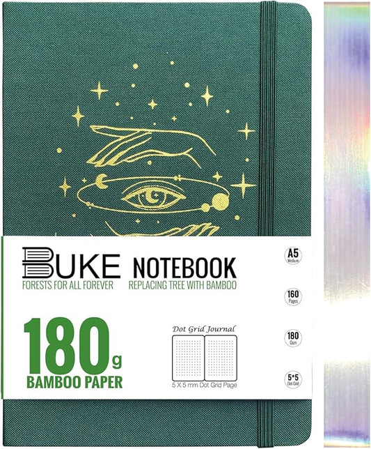 BUKE A5 Dotted Journal Dot Grid Notebook 180Gsm Bamboo White Paper, 5 * 5MM Dot Grid 160 Pages, Colored Silver Edges, Waterproof Fabric Hardcover