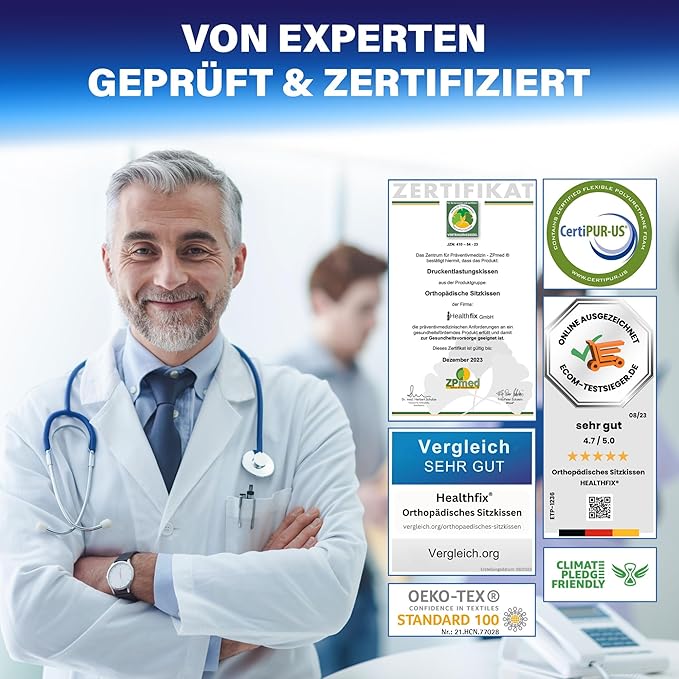 Healthfix® Orthopedic Seat Cushion – Ergonomic Memory Foam Coccyx Cushion with Washable Breathable Cover & Non-Slip Base – Tailbone & Sciatica Pain Relief Pillow for Office Chair (Medium)