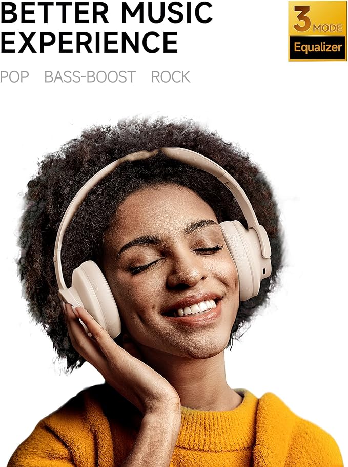 Picun B8 Bluetooth Headphones, 120H Playtime Headphone Wireless Bluetooth with 3 EQ Modes, Low Latency, Hands-Free Calls, Over Ear Headphones for Travel Home Office Cellphone PC Khaki White