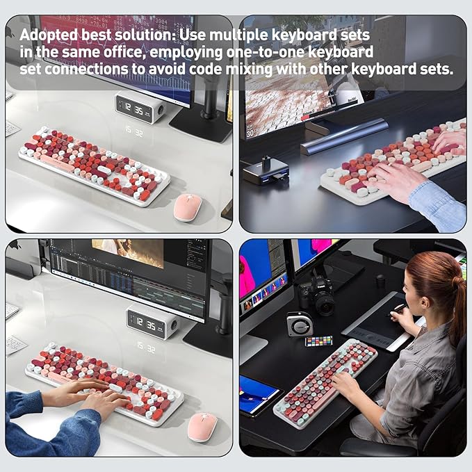 Cute Retro Wireless Keyboard and Mouse Combo with Round Key, 2.4Ghz Dropout-Free Connection, Typewriter Wireless Keyboard and Mouse Set for PC, Laptop, Desktop Computer - Pink Colorful