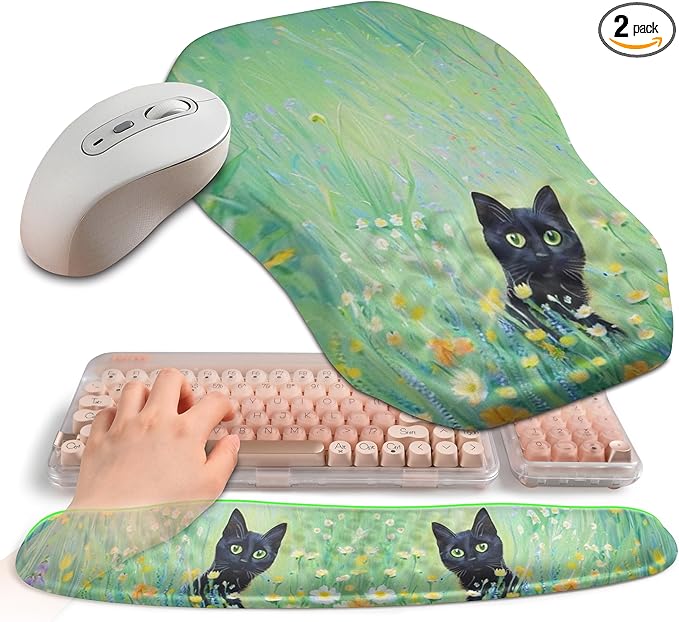2-in-1 Ergonomic Set, Wave Keyboard Wrist Rest and Massage Slope Mouse Pad Wrist Support, Rebound Memory Foam for Relieve Carpal Tunnel Syndrome and Wrist Pain (Oil Painting Cats)