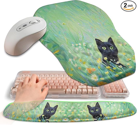 2-in-1 Ergonomic Set, Wave Keyboard Wrist Rest and Massage Slope Mouse Pad Wrist Support, Rebound Memory Foam for Relieve Carpal Tunnel Syndrome and Wrist Pain (Oil Painting Cats)