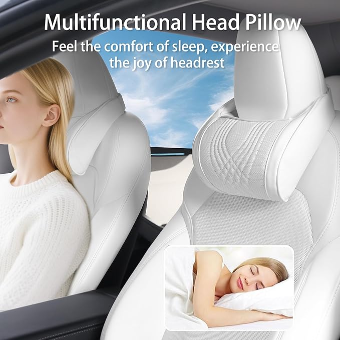 Car Headrest Memory Foam Neck Pillow for Driving with Leather Cover Soft Comfortable Seat Head Pillow Cushion for Most Cars SUV Sedan Home Office, White, 2PC