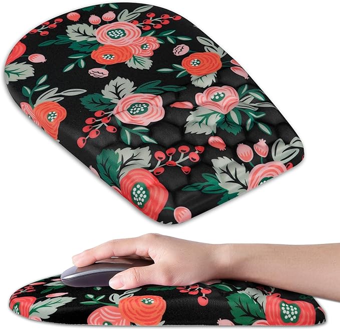 Ergonomic Mouse Pad Wrist Support,Upgrade Mousepad with Massage Design,Non-Slip PU Base Desktop Mouse Pads for Pain Relief, Computer, Office & Home,12 x 8 in（F-Flower Black）