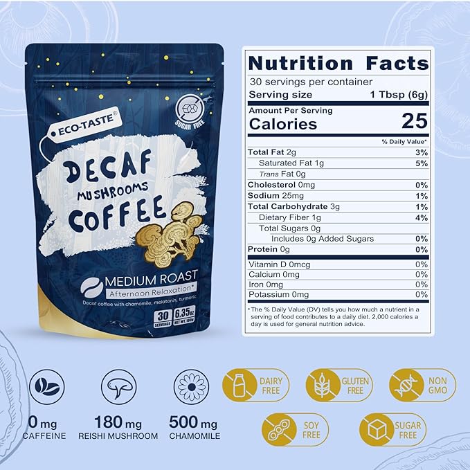 Relaxing Decaf Mushroom Coffee Blend with Reishi, Chamomile & Turmeric - 30% Beta-Glucans, MCT, Melatonin for Stress Relief & Focus - 6.35oz (180g) Afternoon Wellness Drink