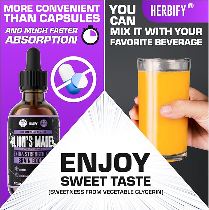HERBIFY Lions Mane Supplement - Daily Mushroom Supplement for Memory, Focus & Clarity - Brain Booster - Lions Mane Tincture for Immune Support - 4 Fl oz Grape Flavor