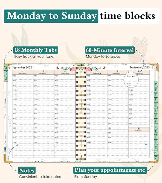 2025-2026 Appointment Book, Academic Planner 18 Months Weekly and Monthly (July 2025 - December 2026), 8.5"x11" Daily Hourly Planner 60-Minute time Slots, Spiral Calendar Schedule Book for Work School Teacher Student, Aesthetic Leaf