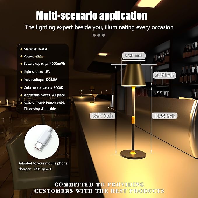 LED CordlessTable Lamp,4000mAh Rechargeable Battery Desk lamp,3 Level Brightness Beside Night Light, Minimalist Design, for Couple Dinner/Coffee Table/Restaurant/Bedroom(Gold&Black 4PACK)