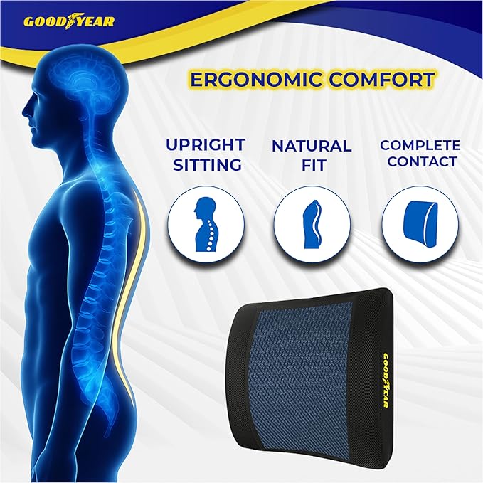 Goodyear Ergonomic Lumbar Support Pillow – Gel-Infused Cushion for Office Chairs and Car Seats, Premium Lower Back Support for Pain Relief and All-Day Comfort - Black
