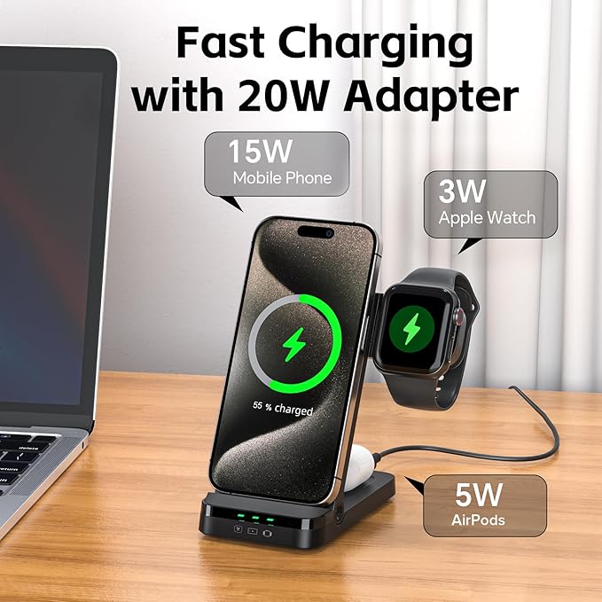 Wireless Charger, Tribone 3 in 1 Foldable Fast Charger for iPhone 16 15 14 13 12 11 Pro Max XR XS 8 Plus,for Multiple Devices，for Apple Watch 10 9 8 7 6 5 4 3 2 SE Ultra,for AirPods Pro 4 3 2, Black