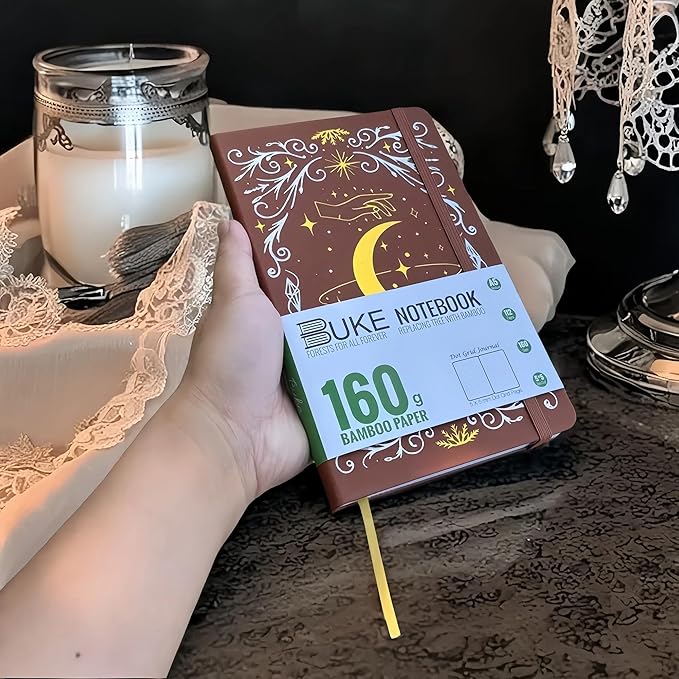 BUKE A5 Dotted Journal – 160gsm Ultra Bamboo Paper, Moon & Star Foil Cover, Flat Lay Notebook with Gift Box – 160 Pages, 5mm Dot Grid, Faux Leather Hardcover (Brown)