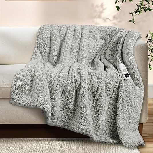 Electric Heated Blanket Twin 62x84 inches, Fast Heating w/ 10 Heat Settings & 2/4/8/10H Auto Timer, Double-Sided Sherpa, Ultra Soft & Cozy for Couch, Bed, Office, Machine Washable, Light Grey