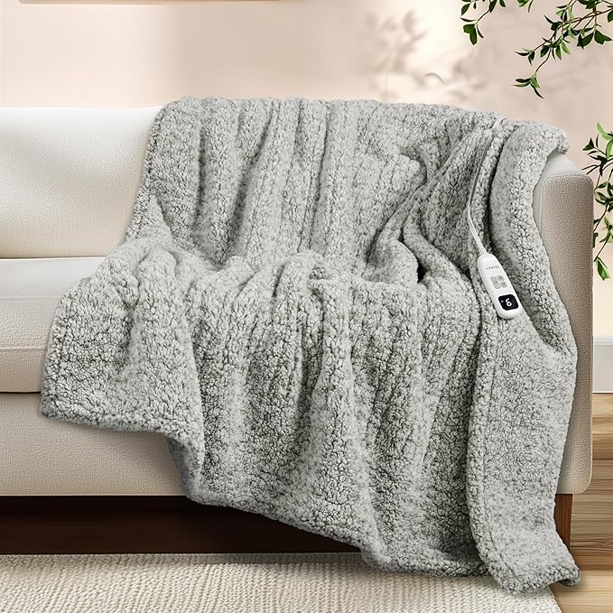Electric Heated Blanket Full Size 72x84 inches, Fast Heating w/ 10 Heat Settings & 2/4/8/10H Auto Timer, Double-Sided Sherpa, Ultra Soft & Cozy for Couch, Bed, Office, Machine Washable, Light Grey