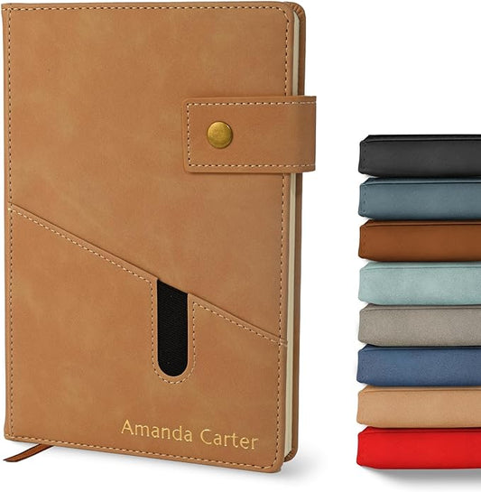 Promot Personalized Notebook - A5 Lined Leather Bound Journal for Writing Women Men - Hardcover Executive Notebook, Daily Journal, Travel Diary, Gift Idea, Custom Embossed Text with Gold Metallic Foil