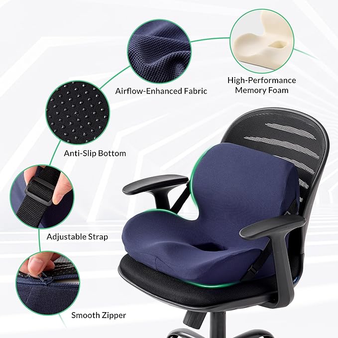 Ergonomic Seat Cushion for Sciatica Relief & Long Driving - Memory Foam Back Support with Adjustable Strap, Non-Slip Base & Removable Mesh Cover - Office, Car (Navy Blue)