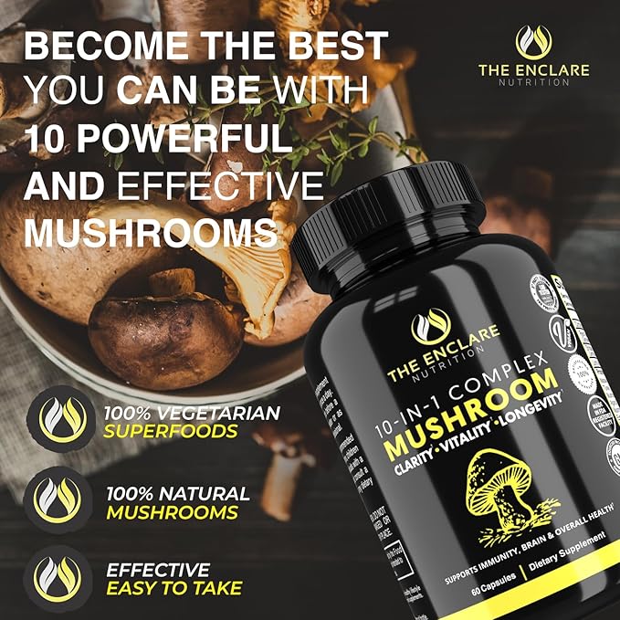 THE ENCLARE NUTRITION Mushroom Supplement for Immune Support, Energy, Nootropic Brain, Immunity Booster with Lions Mane, Reishi, Turkey Tail, Cordyceps, Chaga, Maitake, Shiitake, Agaricus (6)