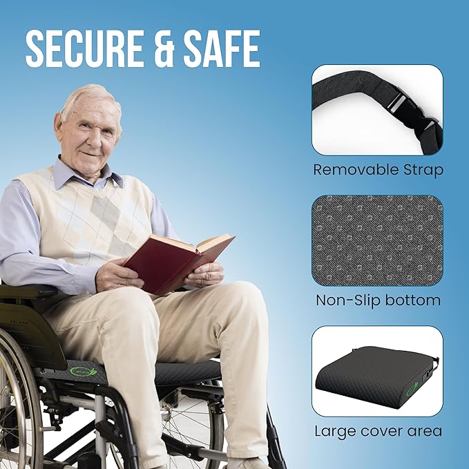 Extra Large Wheelchair Seat Cushion - for Sciatica and Lower Back Pain Relief, Anti-Slip, Removable Strap, Coccyx Pain Relief, 19” X 17” X 3” (Black)