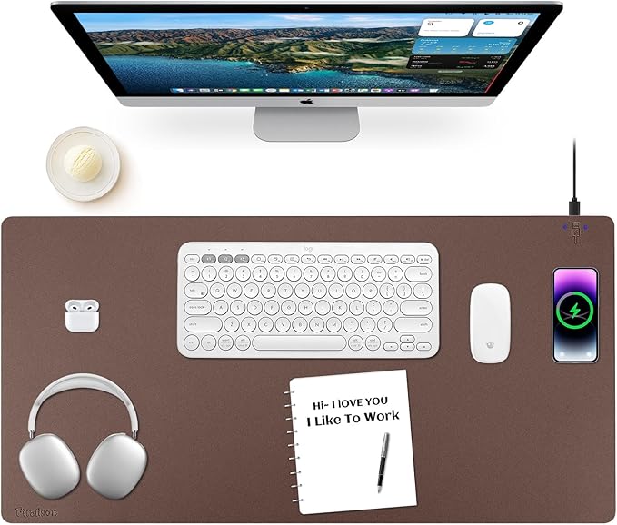 Wireless Charging Mouse Pad Firelison 2 in 1 Leather Multifunctional Office Desk Pad with Non-Slip Rubber Base, Waterproof Desk pad for Computers/Office/Work/Home/Decor（ 36" x 17"Brown - R）