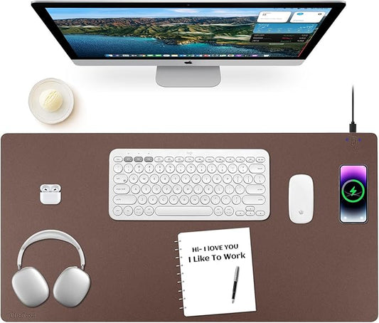 Wireless Charging Mouse Pad Firelison 2 in 1 Leather Multifunctional Office Desk Pad with Non-Slip Rubber Base, Waterproof Desk pad for Computers/Office/Work/Home/Decor（ 32" x 16"Brown - R）