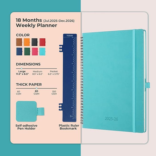 Planner 2025-2026 Daily Weekly and Monthly,11.5"x8.5",18 Months Spiral Bound Calendar Agenda with Self-adhesive Pen Holder,2026 Academic Plan with Vegan Leather Soft Cover,Light Blue