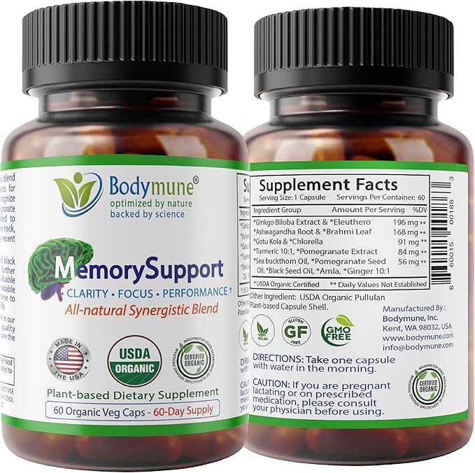 MemorySupport Brain Health Formula | Supports Mental Clarity, Recall & Concentration* | USDA Organic Nootropic Blend with Ginkgo Biloba & Ashwagandha | 60 Vegan Caps | Made in USA