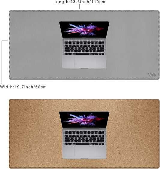 Vyaaa Cork & Leather Desk Mat, 43.3“ x 19.7” Dual Sided Leather Desk Pad, Waterproof Extra Large Desk Mat, Desk Mats on top of Desks for Home or Office (Grey)