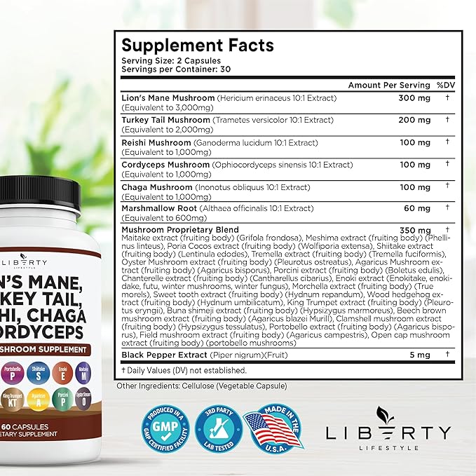 Lions Mane Mushroom Supplement with Turkey Tail Reishi Cordyceps Chaga with Marshmallow Root - 1-Pack