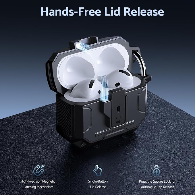DASFOND Armor Earphone Cover Case for Airpods 4 Generation, Military Grade Full Body Shockproof Protection Hard Case, Support Wireless Charging with Keychain, Magnetic Lid, Front LED Visible, Black