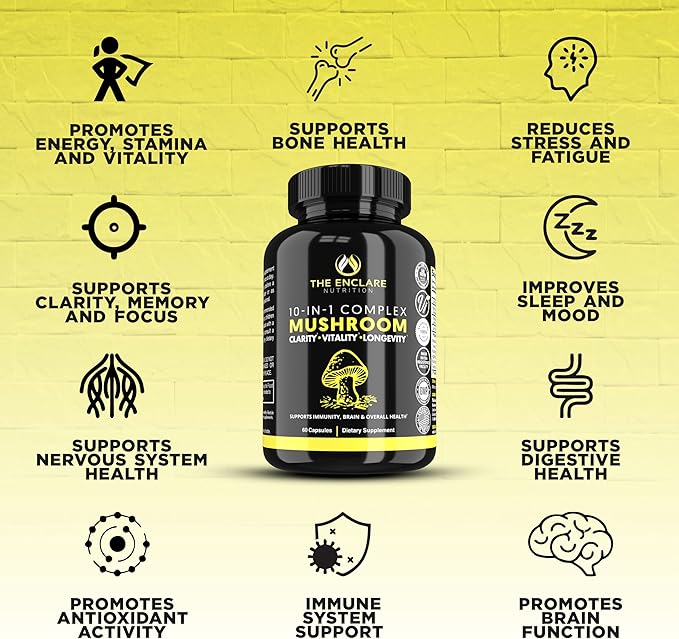 THE ENCLARE NUTRITION Mushroom Supplement - 10in1 Complex Immune Support, Energy, Nootropic Brain, Immunity Booster Lions Mane,Reishi,Turkey Tail,Cordyceps,Chaga,Maitake,Shiitake,Agaricus(3)